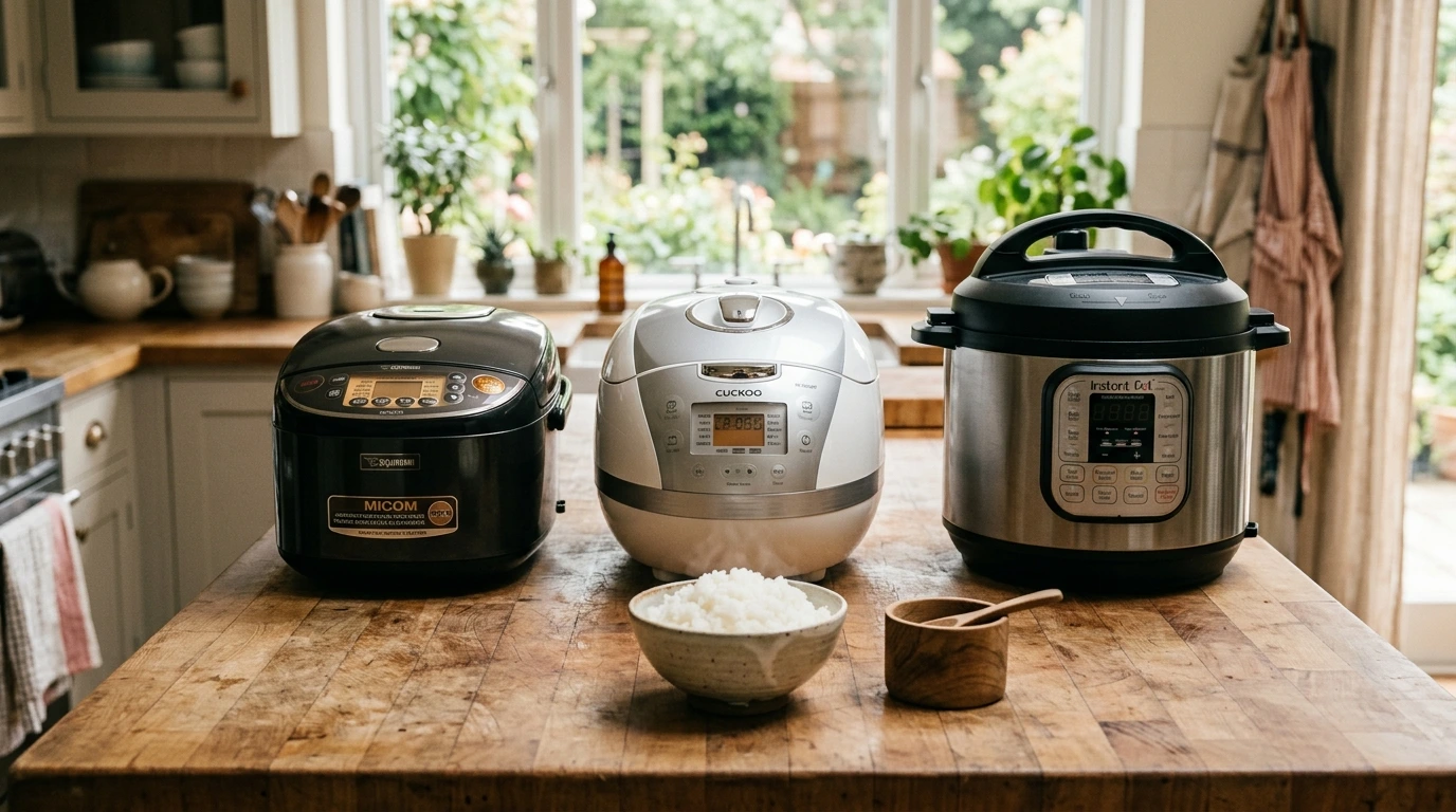 Three sizes and styles of rice cookers on a butcher block island