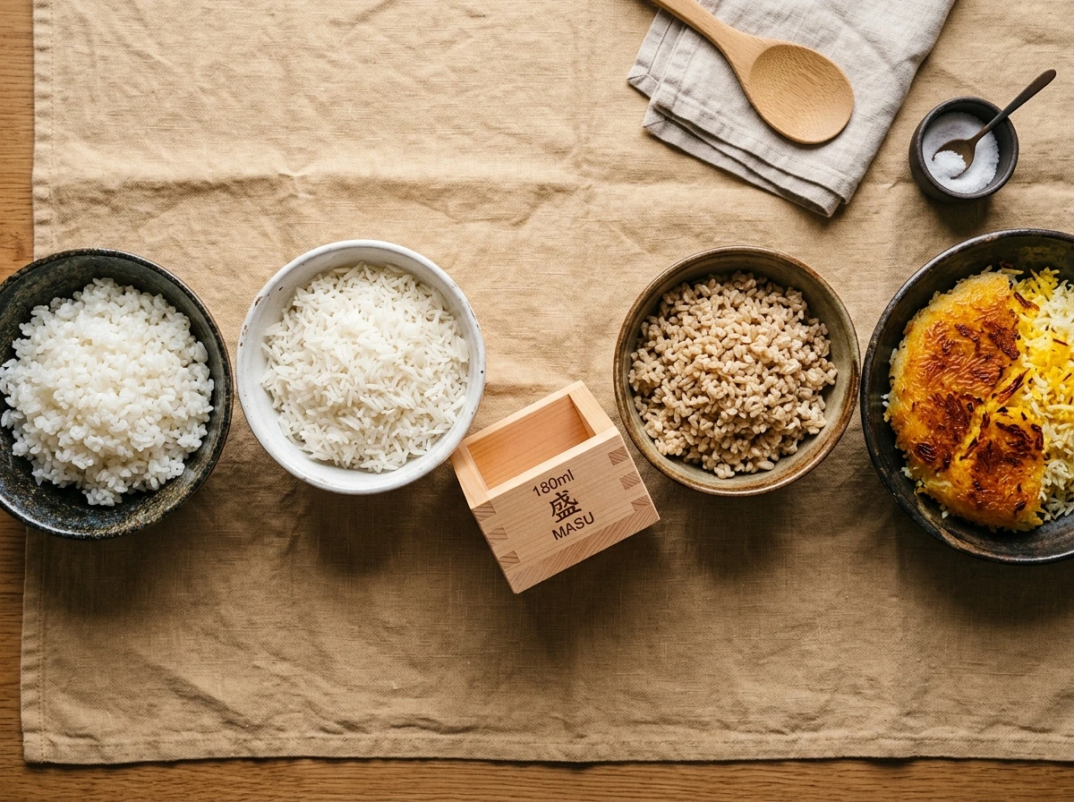 Four bowls of cooked rice varieties surrounding a 180ml wooden masu rice measuring cup