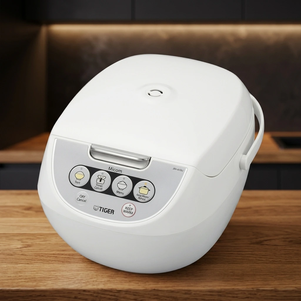 White Tiger JBV-A10U 5.5-cup Micom rice cooker with 4-button Tacook synchro-cooking panel and carry handle on an oak countertop