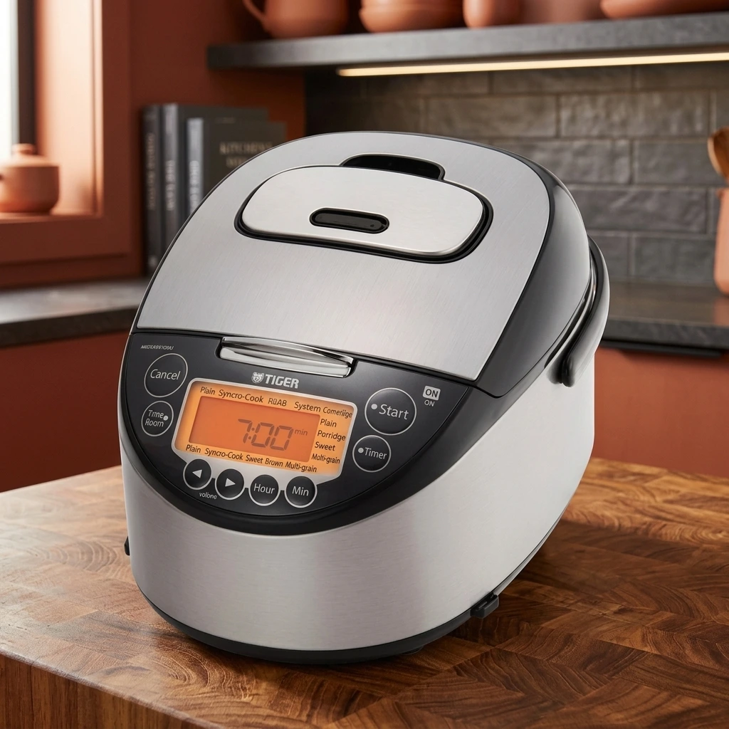 Brushed stainless and black Tiger JKT-D10U 5.5-cup Induction Heating (IH) Made-in-Japan rice cooker on a butcher-block counter