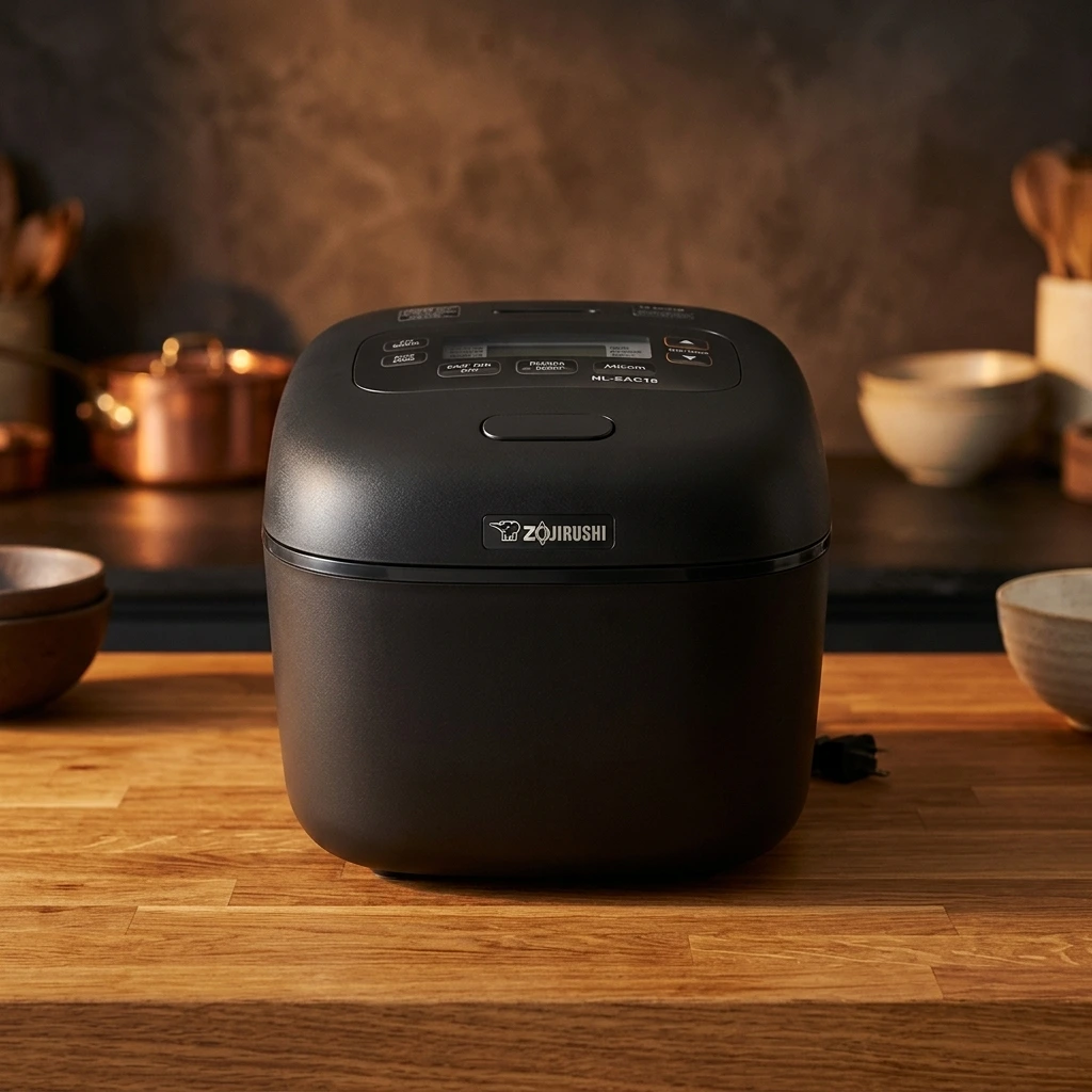Three-quarter view of my matte-black 10-go Zojirushi NL-EAC18BA rice cooker sitting on my kitchen counter