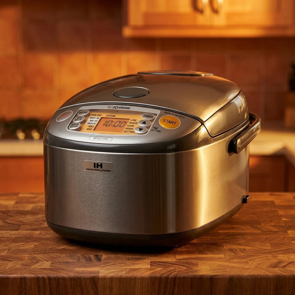Dark stainless steel Zojirushi NP-HCC10XH 5.5-cup Induction Heating (IH) Made-in-Japan rice cooker on a butcher-block countertop