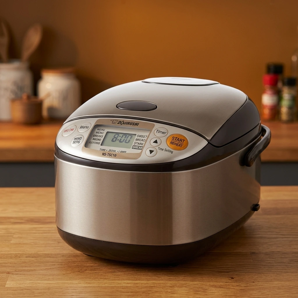 Stainless-brown Zojirushi NS-TSC10 5.5-cup Micom rice cooker with carry handle and front control panel on a wooden kitchen counter